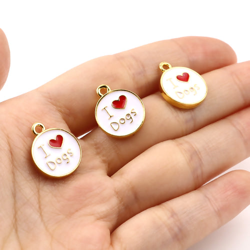 Charms, Round, Double-Sided, I Love Dogs, White, Red, Enamel, Drop, Gold Plated, Alloy, 18mm - BEADED CREATIONS