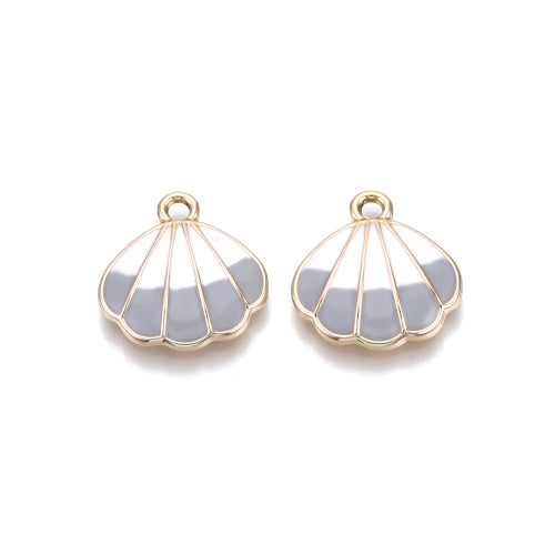 Charms, Shell, Single-Sided, Light Grey, White, Enamel, Light Gold Plated, Alloy, 18mm - BEADED CREATIONS
