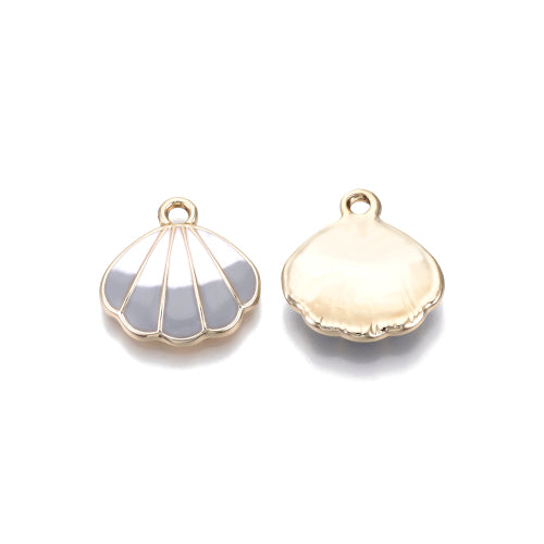Charms, Shell, Single-Sided, Light Grey, White, Enamel, Light Gold Plated, Alloy, 18mm - BEADED CREATIONS