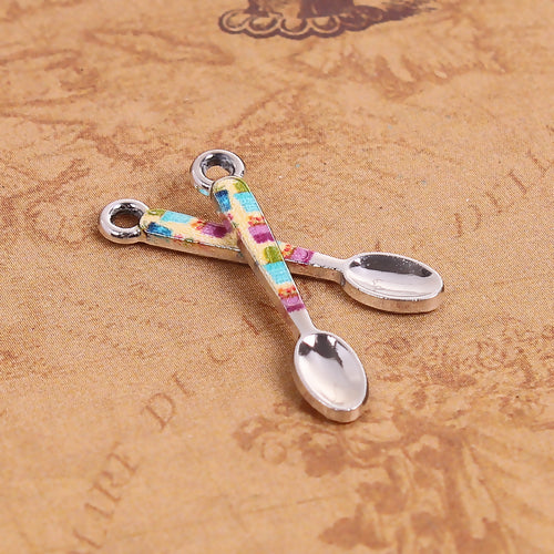 Charms, Spoon, Miniature, Multicolored, Enamel, Silver Tone, Alloy, 24mm - BEADED CREATIONS