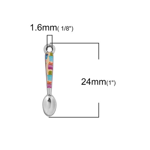 Charms, Spoon, Miniature, Multicolored, Enamel, Silver Tone, Alloy, 24mm - BEADED CREATIONS