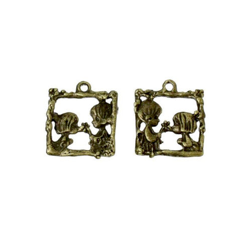 Charms, Square, Cut-Out, Boy, Girl, Antique Bronze, Alloy, 17mm - BEADED CREATIONS