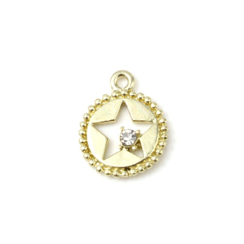 Charms, Star, Cut-Out, Round, Single-Sided, Gold Plated, Clear Rhinestone, 16mm - BEADED CREATIONS