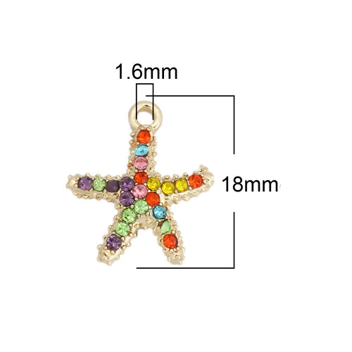 Charms, Starfish, Multicolored, Rhinestones, Gold Plated, Alloy, 18mm - BEADED CREATIONS