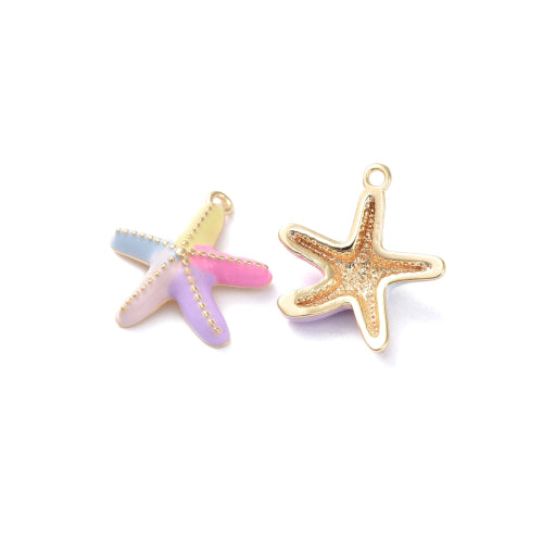 Charms, Starfish, Single-Sided, 18K Gold Plated, Pastel, Rainbow, Enamel, 14mm - BEADED CREATIONS