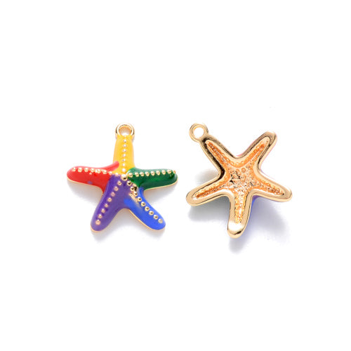 Charms, Starfish, Single-Sided, Bright, Rainbow, Enameled, 18K Gold Plated, Brass, 14mm - BEADED CREATIONS
