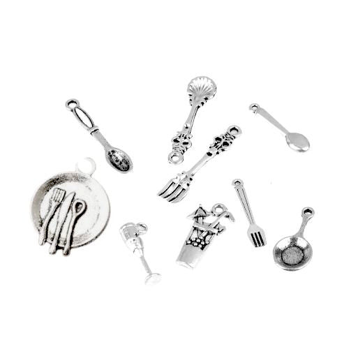 Charms, Tableware Set, 9 Piece, Miniature, Antique Silver, Alloy, 3x2cm - 2x0.6cm - BEADED CREATIONS