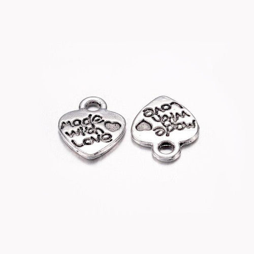 Charms, Tibetan Style, Double-Sided, Heart, With Words, Made With Love, Antique Silver, Alloy, 12.2mm - BEADED CREATIONS