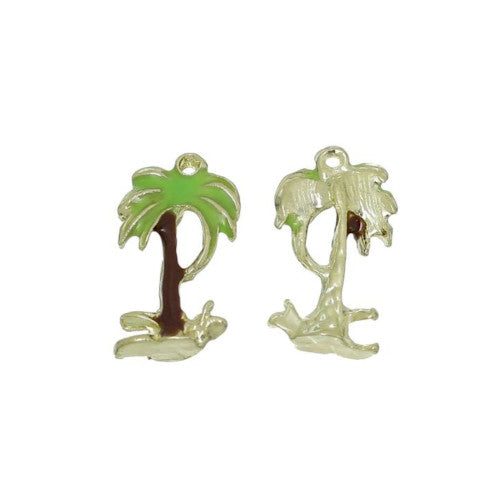 Charms, Tree, Green, Brown, Enamel, Gold, Plated, Alloy, 17mm - BEADED CREATIONS