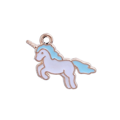 Charms, Unicorn, Single-Sided, Light Gold, Alloy, White, Light Blue, Enamel, 20mm - BEADED CREATIONS