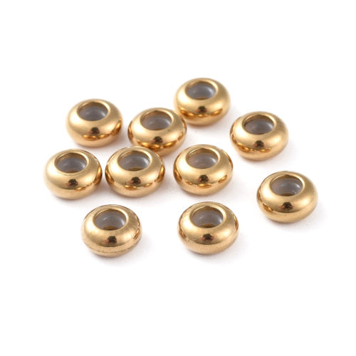 Clasp Beads, Stainless Steel, Slider Beads, Stopper Beads, Golden, Rondelle, With Silicone Center, 8mm - BEADED CREATIONS