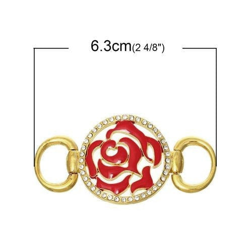 Connectors, Bracelet, Link, Floral, Gold Plated, Alloy, Red, Enamel, Rhinestones, Focal, 6.8cm - BEADED CREATIONS
