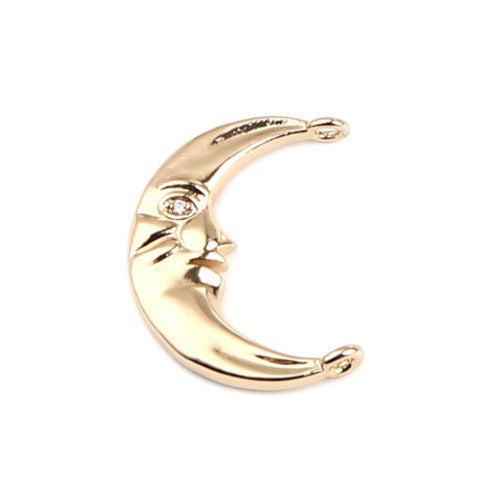 Connectors, Crescent Moon Face, With Clear Rhinestone, Single-Sided, Gold Plated, Brass, 24mm - BEADED CREATIONS