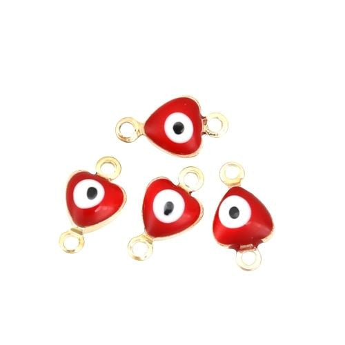 Connectors, Evil Eye, Nazar, Heart, Gold Plated, Brass, Red, Enamel, 10mm - BEADED CREATIONS
