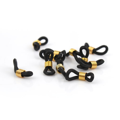 Connectors, Eyeglass Holder, Rubber And Gold-Finished Brass, Black, 20x6mm, With Adjustable Coil - BEADED CREATIONS