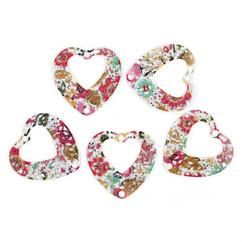 Connectors, Flat, Heart, Floral, Laser-Cut, Pink, Multicolored, Enameled, Focal, Link, Alloy, 21mm - BEADED CREATIONS