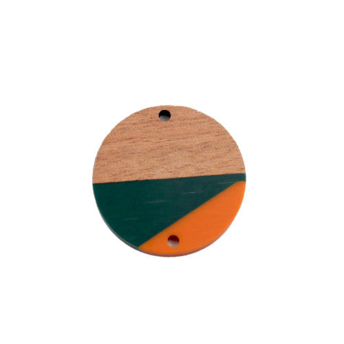 Connectors, Flat, Round, Resin And Walnut Wood, Green, Orange, 28mm - BEADED CREATIONS