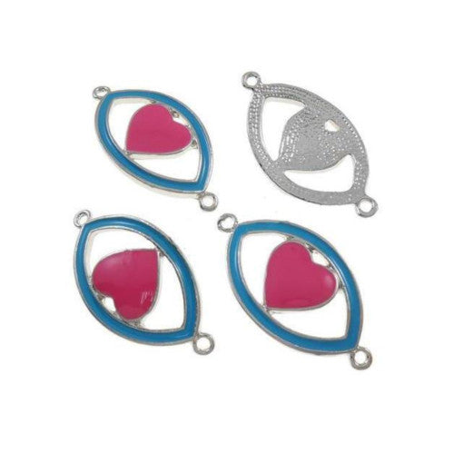 Connectors, Heart, Curved, Fuchsia, Blue, Enamel, Silver Plated, Alloy, Focal, Link, 41mm - BEADED CREATIONS
