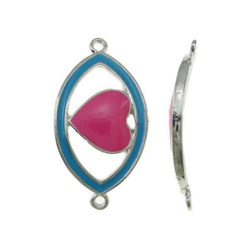 Connectors, Heart, Curved, Fuchsia, Blue, Enamel, Silver Plated, Alloy, Focal, Link, 41mm - BEADED CREATIONS