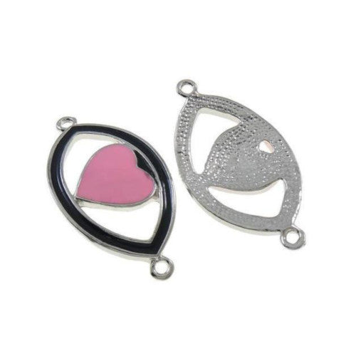 Connectors, Heart, Curved, Pink, Black, Enamel, Silver Plated, Alloy, Focal, Link, 41mm - BEADED CREATIONS