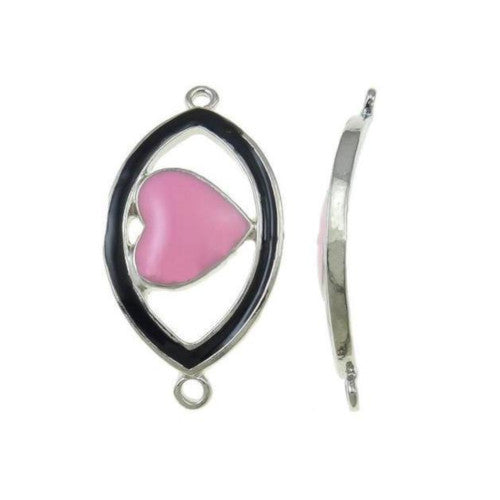 Connectors, Heart, Curved, Pink, Black, Enamel, Silver Plated, Alloy, Focal, Link, 41mm - BEADED CREATIONS