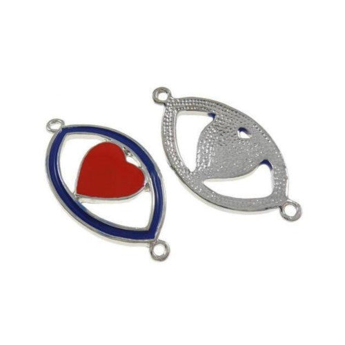 Connectors, Heart, Curved, Red, Royal Blue, Enamel, Silver Plated, Alloy, Focal, Link, 41mm - BEADED CREATIONS