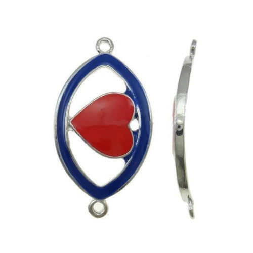 Connectors, Heart, Curved, Red, Royal Blue, Enamel, Silver Plated, Alloy, Focal, Link, 41mm - BEADED CREATIONS