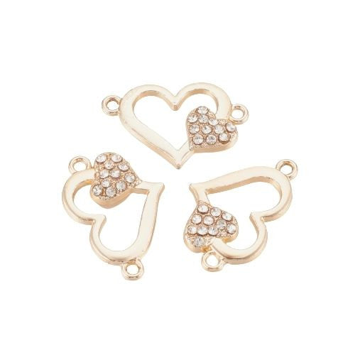 Connectors, Heart, Openwork, Crystal Rhinestones, Light Gold Plated, Alloy, Focal, Link, 16.5mm - BEADED CREATIONS