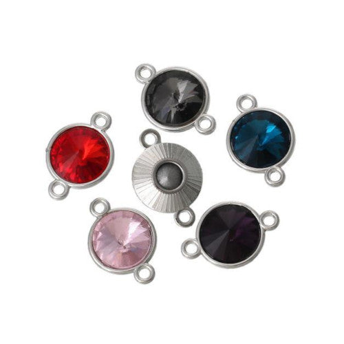 Connectors, Round, Cushion Bezel, Silver Tone, Alloy, Assorted, Faceted, Glass Crystal, Focal, Link, 15mm - BEADED CREATIONS