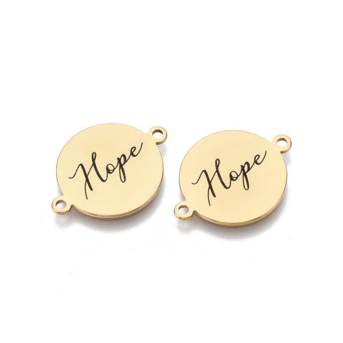 Connectors, Round, Flat, Gold Plated, 201 Stainless Steel, Black, Enameled, With Word Hope, 21mm - BEADED CREATIONS