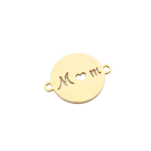 Connectors, Round, Flat, Gold Plated, 201 Stainless Steel, Laser-Cut, With Word Mom, 20mm - BEADED CREATIONS