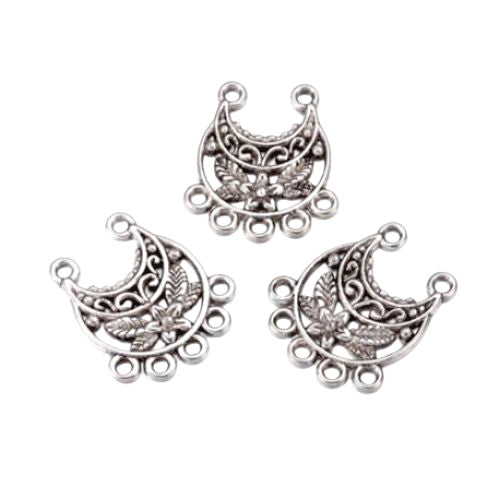 Connectors, Tibetan Style, Chandelier Components, Floral, Half Moon, 5-Loops, Antique Silver, Alloy, 23mm - BEADED CREATIONS
