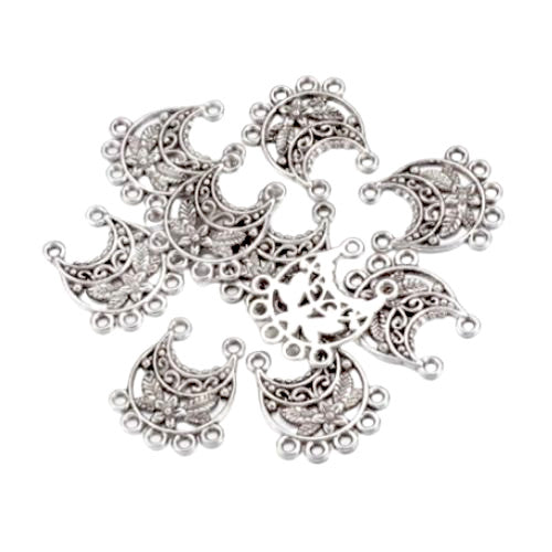 Connectors, Tibetan Style, Chandelier Components, Floral, Half Moon, 5-Loops, Antique Silver, Alloy, 23mm - BEADED CREATIONS