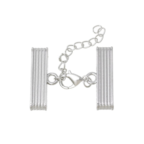 Cord Ends, Rectangle, Glue-In, Silver Tone, Alloy, With Lobster Clasp And Extender Chain, 3.2x1.4cm - BEADED CREATIONS