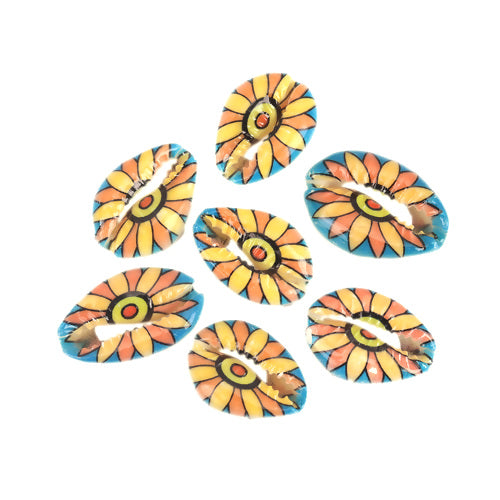 Cowrie Shell Beads, Painted, Flower, Yellow, Orange, Blue, 25mm - BEADED CREATIONS