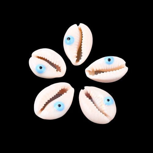 Cowrie Shell Beads, Painted, Sky Blue, White, Evil Eye, 20mm - BEADED CREATIONS