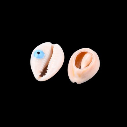 Cowrie Shell Beads, Painted, Sky Blue, White, Evil Eye, 20mm - BEADED CREATIONS