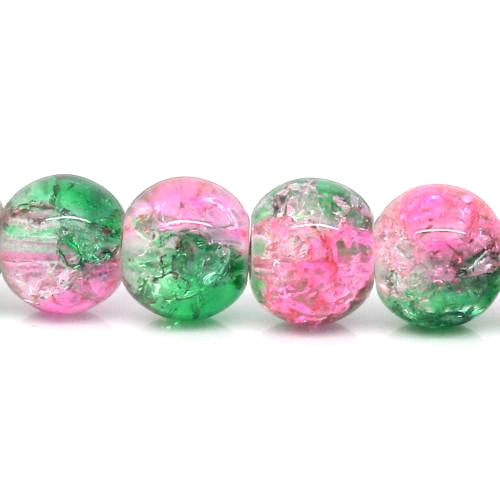 Crackle Glass Beads, Round, Transparent, Green, Pink, Two-Tone, 8mm - BEADED CREATIONS