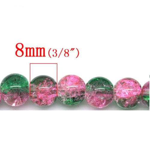 Crackle Glass Beads, Round, Transparent, Green, Pink, Two-Tone, 8mm - BEADED CREATIONS