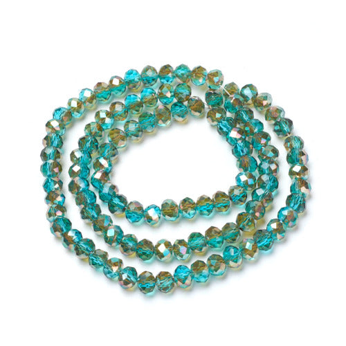 Crystal Glass Beads, Electroplated, Rondelle, Faceted, Half Plated, AB, Teal, 4mm - BEADED CREATIONS