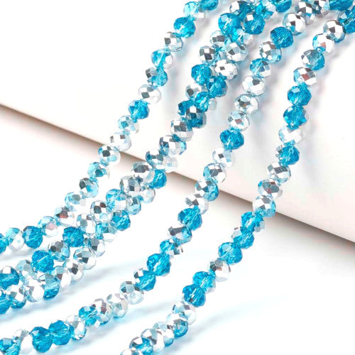 Crystal Glass Beads, Electroplated, Rondelle, Faceted, Half Silver Plated, Deep Sky Blue, 4mm - BEADED CREATIONS