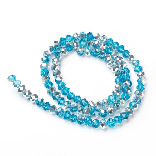 Crystal Glass Beads, Electroplated, Rondelle, Faceted, Half Silver Plated, Deep Sky Blue, 4mm - BEADED CREATIONS