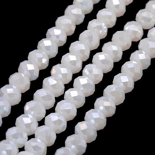 Crystal Glass Beads, Electroplated, Rondelle, Faceted, Opaque, White, AB, 10mm - BEADED CREATIONS