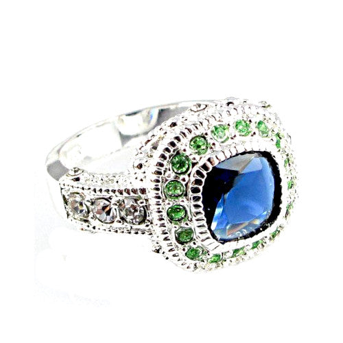 Dress Ring, Sapphire/White Topaz, Silver Plated, Size 9/S Half - BEADED CREATIONS