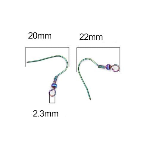 Earring Hooks, 304 Stainless Steel, Ear Wires, Ball And Coil,  With Horizontal Loop, Electroplated, Rainbow, 22mm - BEADED CREATIONS