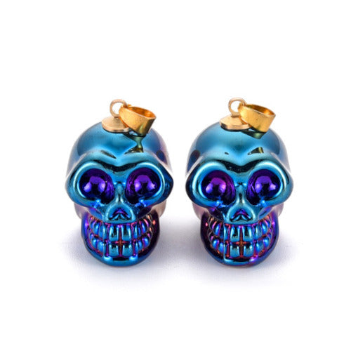 Electroplated K9 Glass Pendants, With Gold Plated Brass Bail, Skull, Blue, 25mm - BEADED CREATIONS