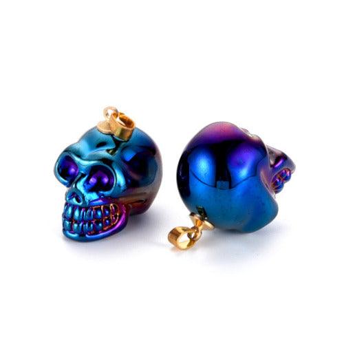Electroplated K9 Glass Pendants, With Gold Plated Brass Bail, Skull, Blue, 25mm - BEADED CREATIONS