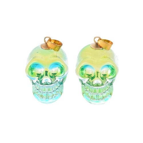 Electroplated K9 Glass Pendants, With Gold Plated Brass Bail, Skull, Light Green, Yellow, 25mm - BEADED CREATIONS