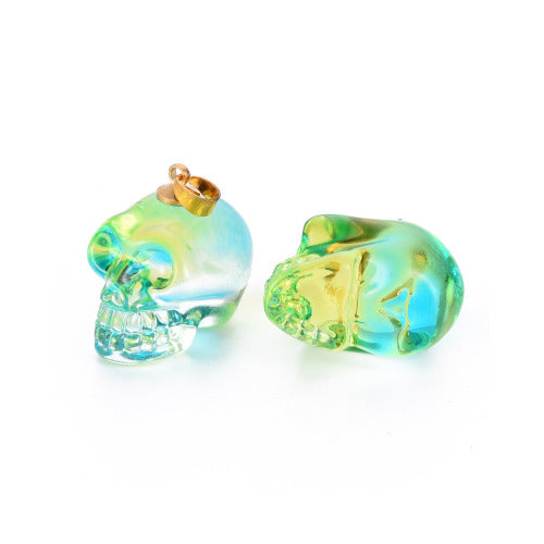 Electroplated K9 Glass Pendants, With Gold Plated Brass Bail, Skull, Light Green, Yellow, 25mm - BEADED CREATIONS