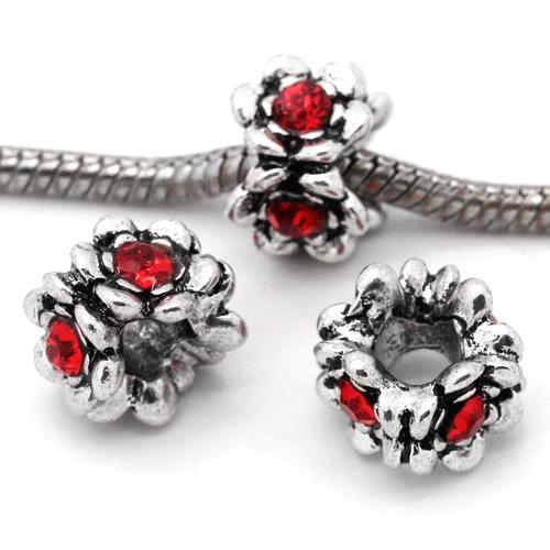 European Antique Silver Red Rhinestone Flower Charm Beads - BEADED CREATIONS